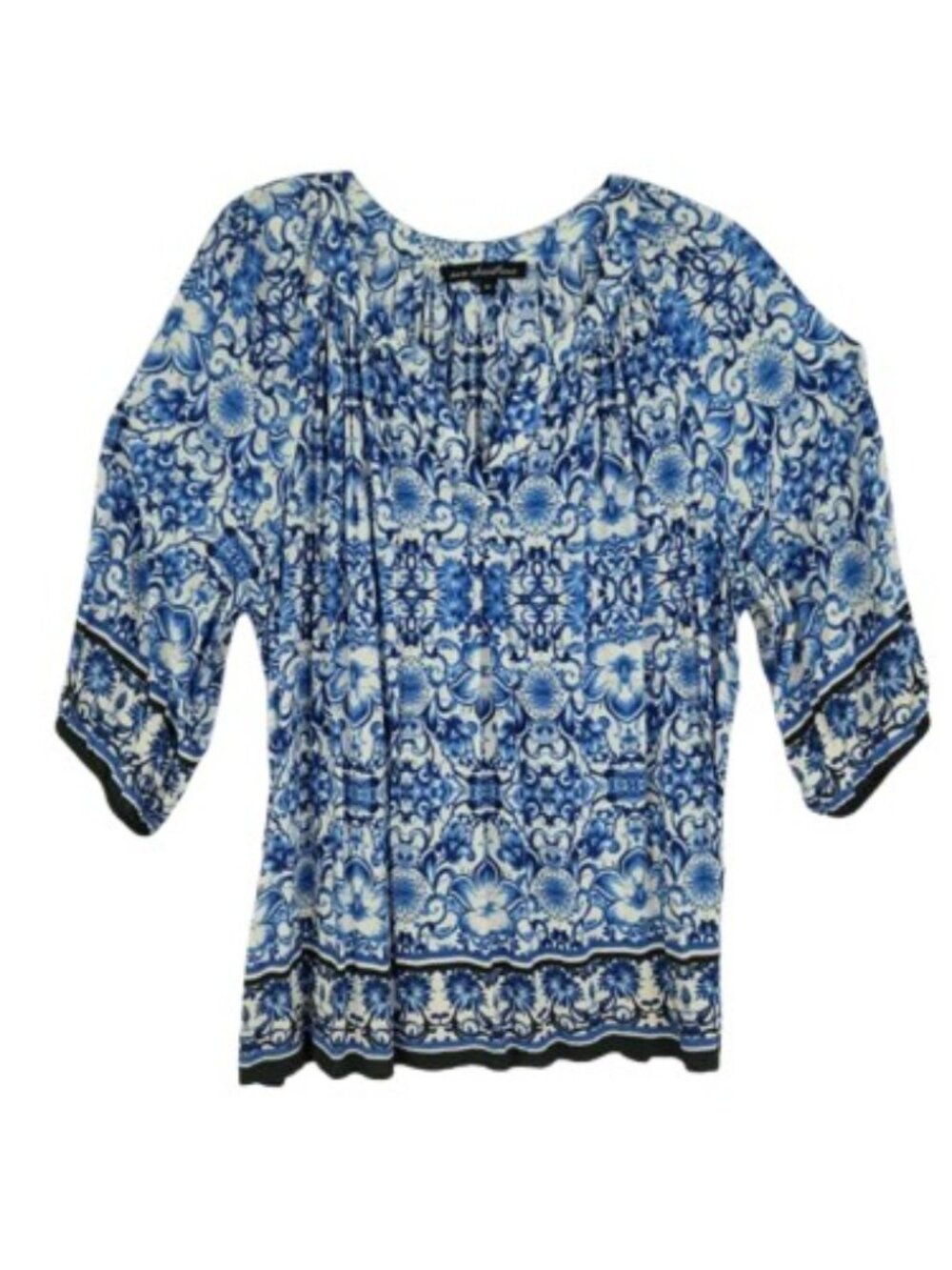 Ava Christine 3X Blue White Floral Rayon Boho Blouse